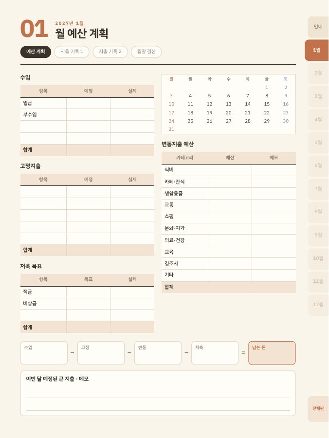 굿노트 가계부 속지 1월 예산 계획 페이지. 수입, 고정지출, 저축 목표, 변동지출 예산 표와 달력